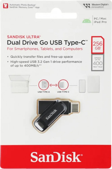 USB флешка Sandisk Ultra Dual Drive Go 256Gb USB 3.2 gen 1/ USB Type-C в Уфе